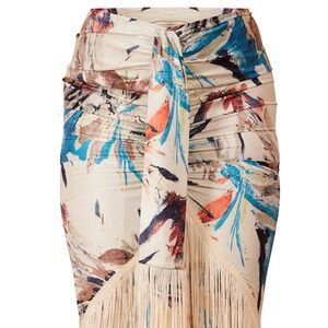 STONE LEAF ABSTRACT PRINT TASSEL HEM MIDI SKIRT
